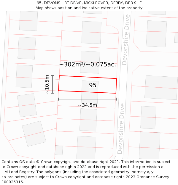 95, DEVONSHIRE DRIVE, MICKLEOVER, DERBY, DE3 9HE: Plot and title map