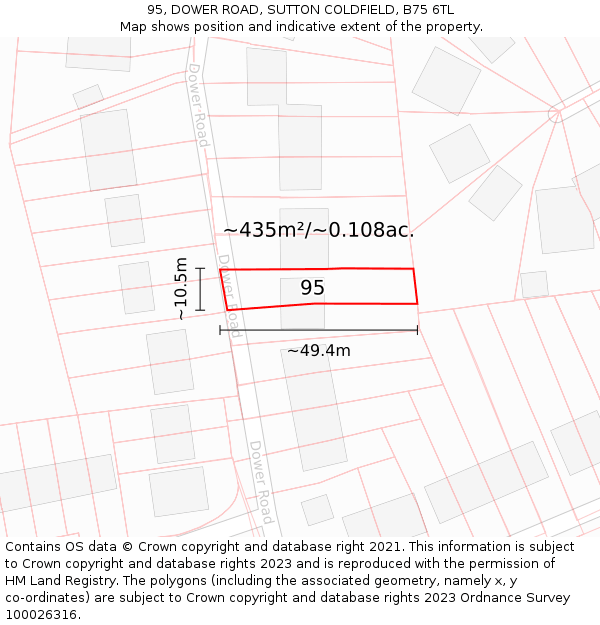 95, DOWER ROAD, SUTTON COLDFIELD, B75 6TL: Plot and title map