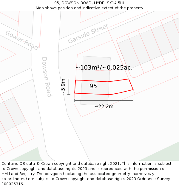 95, DOWSON ROAD, HYDE, SK14 5HL: Plot and title map