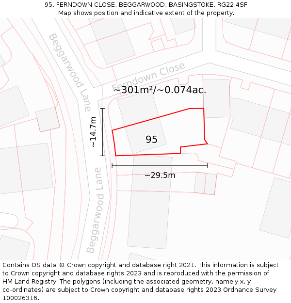 95, FERNDOWN CLOSE, BEGGARWOOD, BASINGSTOKE, RG22 4SF: Plot and title map