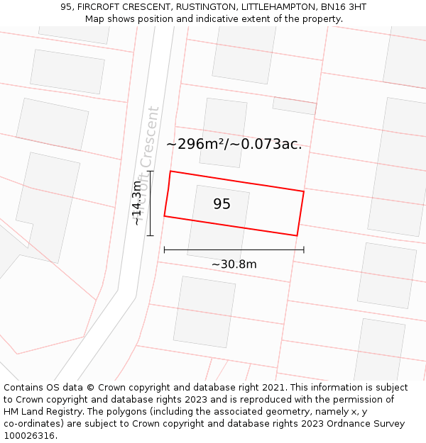 95, FIRCROFT CRESCENT, RUSTINGTON, LITTLEHAMPTON, BN16 3HT: Plot and title map