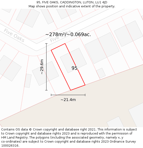 95, FIVE OAKS, CADDINGTON, LUTON, LU1 4JD: Plot and title map