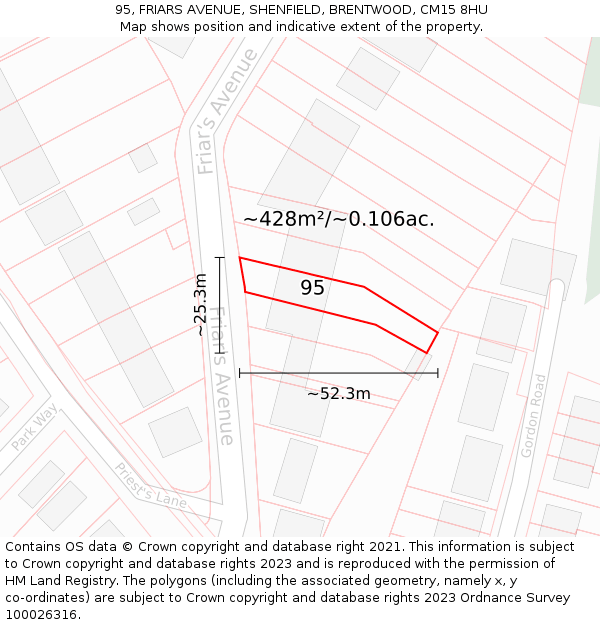95, FRIARS AVENUE, SHENFIELD, BRENTWOOD, CM15 8HU: Plot and title map