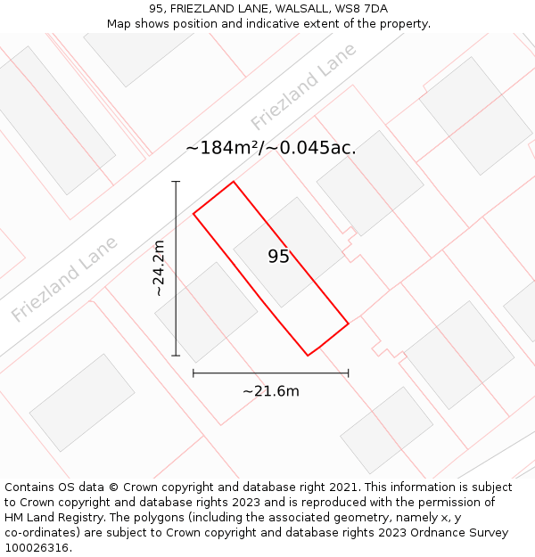 95, FRIEZLAND LANE, WALSALL, WS8 7DA: Plot and title map