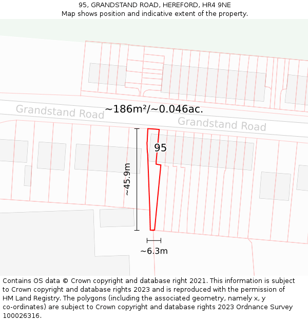 95, GRANDSTAND ROAD, HEREFORD, HR4 9NE: Plot and title map