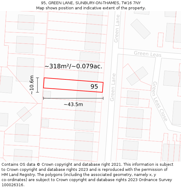 95, GREEN LANE, SUNBURY-ON-THAMES, TW16 7NY: Plot and title map