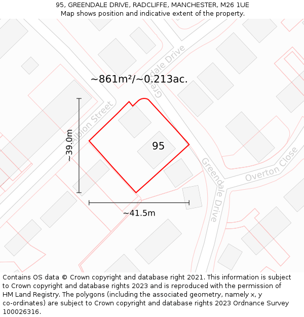 95, GREENDALE DRIVE, RADCLIFFE, MANCHESTER, M26 1UE: Plot and title map