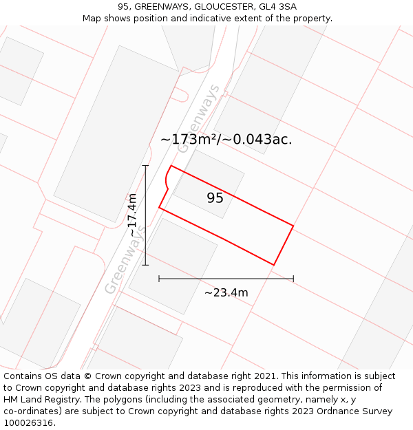 95, GREENWAYS, GLOUCESTER, GL4 3SA: Plot and title map