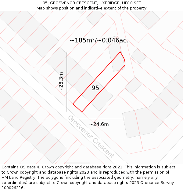 95, GROSVENOR CRESCENT, UXBRIDGE, UB10 9ET: Plot and title map