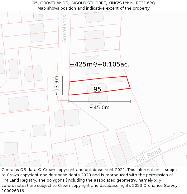 95, GROVELANDS, INGOLDISTHORPE, KING'S LYNN, PE31 6PQ: Plot and title map