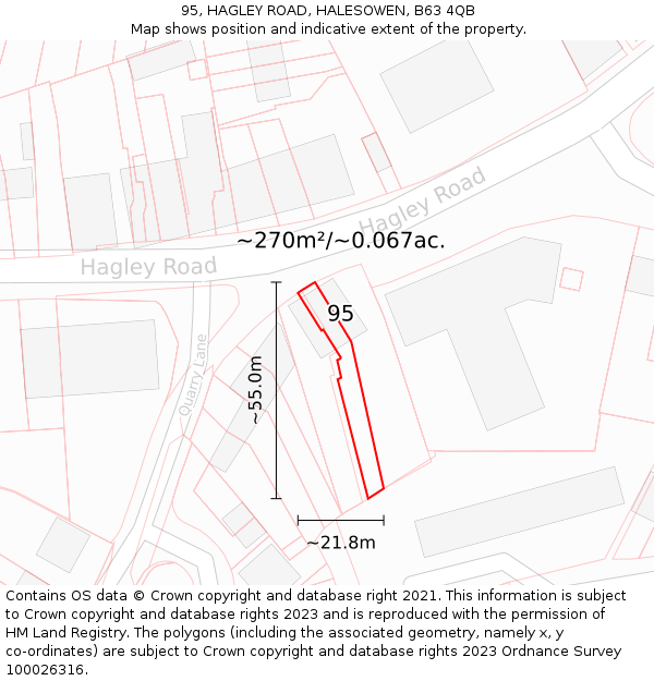95, HAGLEY ROAD, HALESOWEN, B63 4QB: Plot and title map