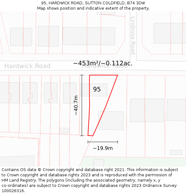 95, HARDWICK ROAD, SUTTON COLDFIELD, B74 3DW: Plot and title map