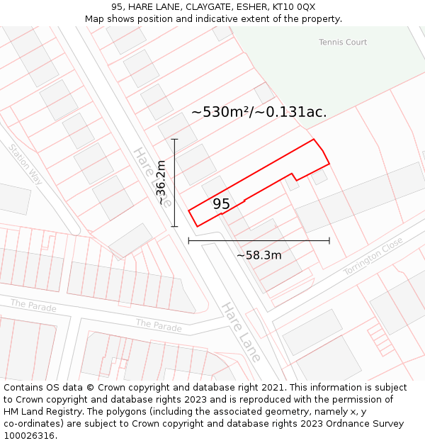 95, HARE LANE, CLAYGATE, ESHER, KT10 0QX: Plot and title map