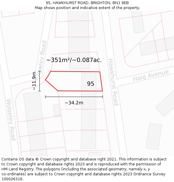 95, HAWKHURST ROAD, BRIGHTON, BN1 9EB: Plot and title map
