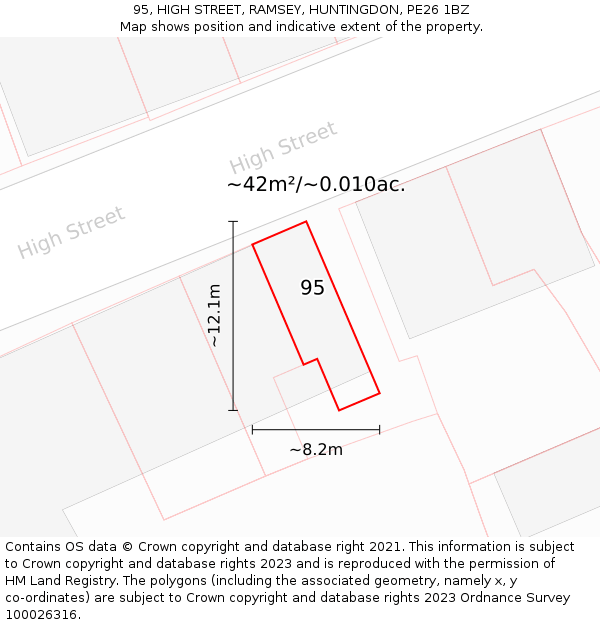 95, HIGH STREET, RAMSEY, HUNTINGDON, PE26 1BZ: Plot and title map