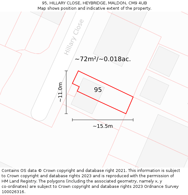 95, HILLARY CLOSE, HEYBRIDGE, MALDON, CM9 4UB: Plot and title map