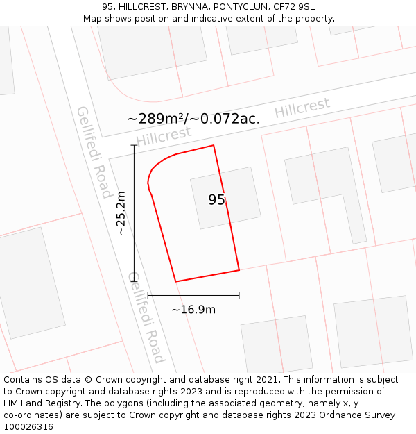 95, HILLCREST, BRYNNA, PONTYCLUN, CF72 9SL: Plot and title map