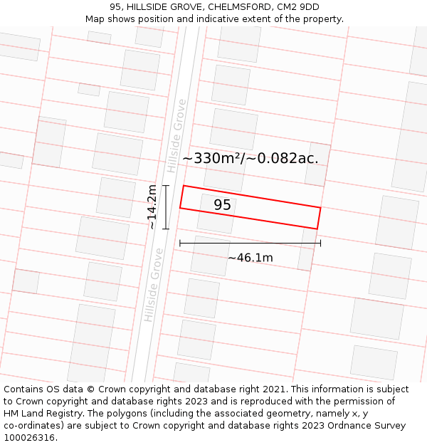 95, HILLSIDE GROVE, CHELMSFORD, CM2 9DD: Plot and title map