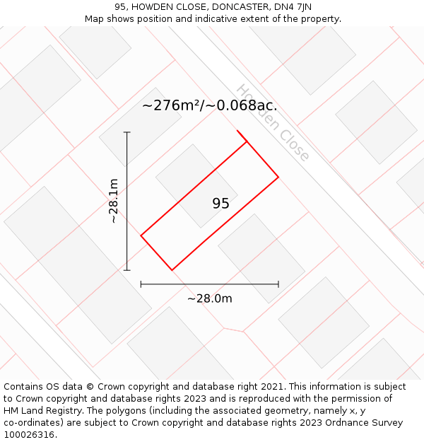 95, HOWDEN CLOSE, DONCASTER, DN4 7JN: Plot and title map