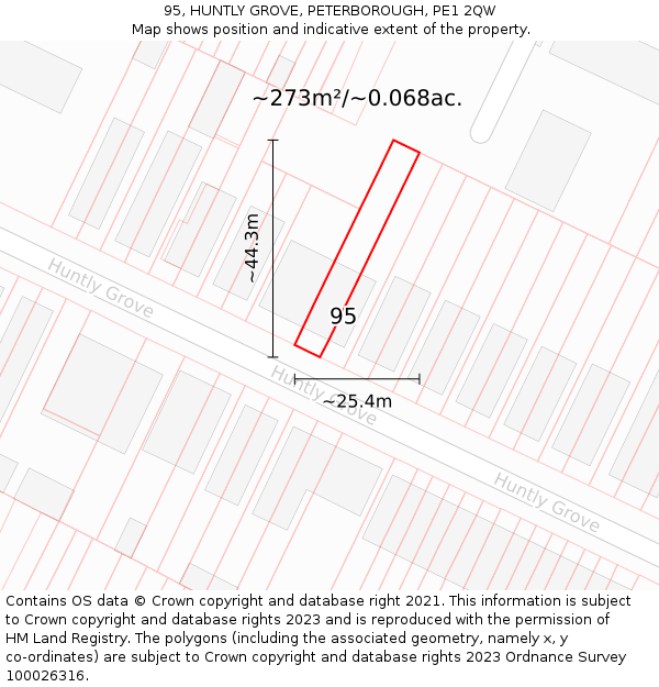 95, HUNTLY GROVE, PETERBOROUGH, PE1 2QW: Plot and title map