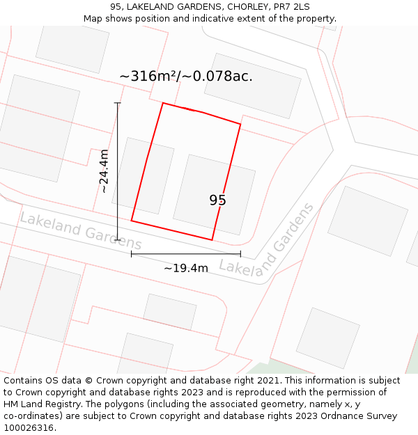 95, LAKELAND GARDENS, CHORLEY, PR7 2LS: Plot and title map