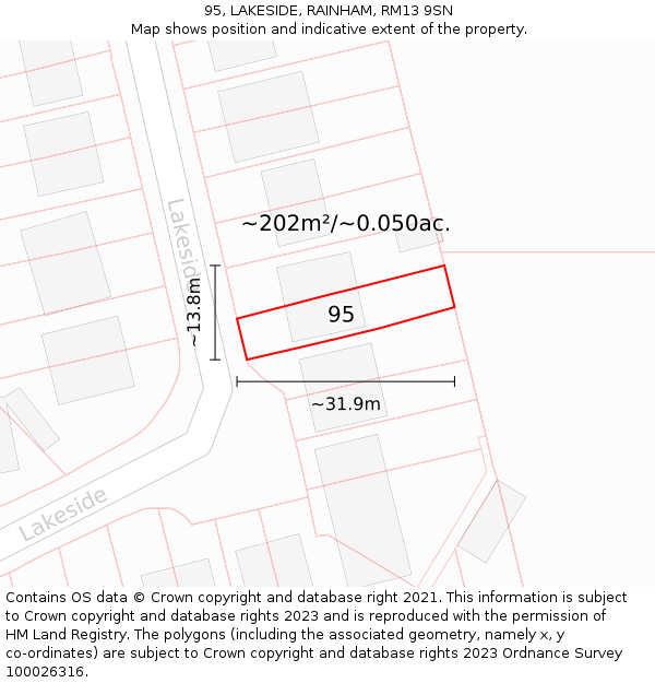95, LAKESIDE, RAINHAM, RM13 9SN: Plot and title map