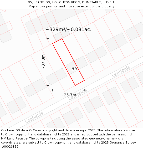 95, LEAFIELDS, HOUGHTON REGIS, DUNSTABLE, LU5 5LU: Plot and title map