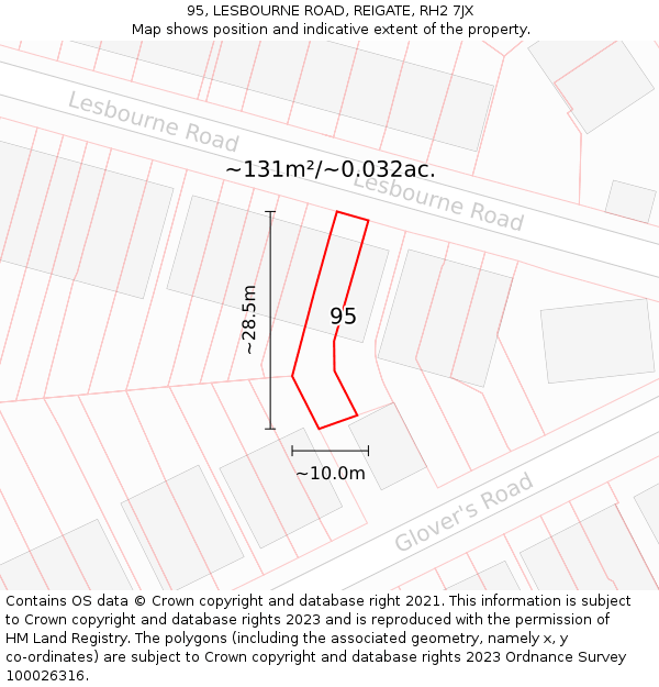 95, LESBOURNE ROAD, REIGATE, RH2 7JX: Plot and title map