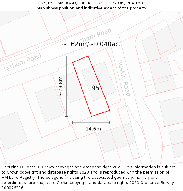 95, LYTHAM ROAD, FRECKLETON, PRESTON, PR4 1AB: Plot and title map
