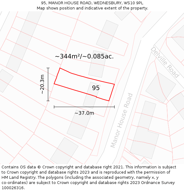 95, MANOR HOUSE ROAD, WEDNESBURY, WS10 9PL: Plot and title map
