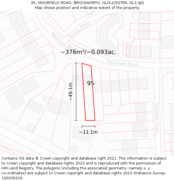 95, MOORFIELD ROAD, BROCKWORTH, GLOUCESTER, GL3 4JQ: Plot and title map