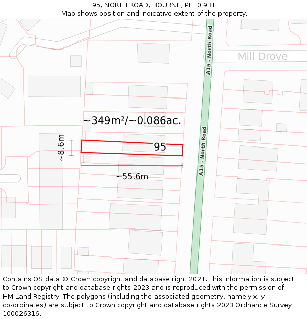 95, NORTH ROAD, BOURNE, PE10 9BT: Plot and title map