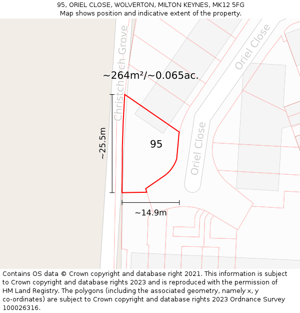 95, ORIEL CLOSE, WOLVERTON, MILTON KEYNES, MK12 5FG: Plot and title map