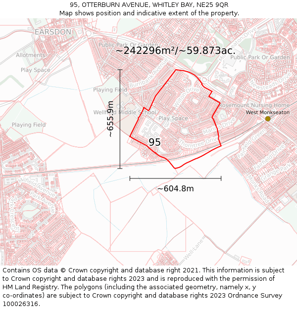 95, OTTERBURN AVENUE, WHITLEY BAY, NE25 9QR: Plot and title map