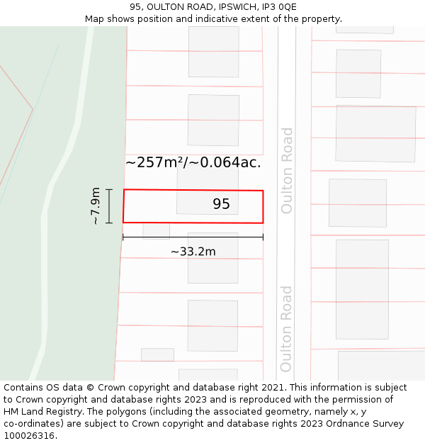 95, OULTON ROAD, IPSWICH, IP3 0QE: Plot and title map