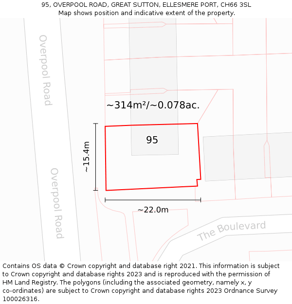 95, OVERPOOL ROAD, GREAT SUTTON, ELLESMERE PORT, CH66 3SL: Plot and title map