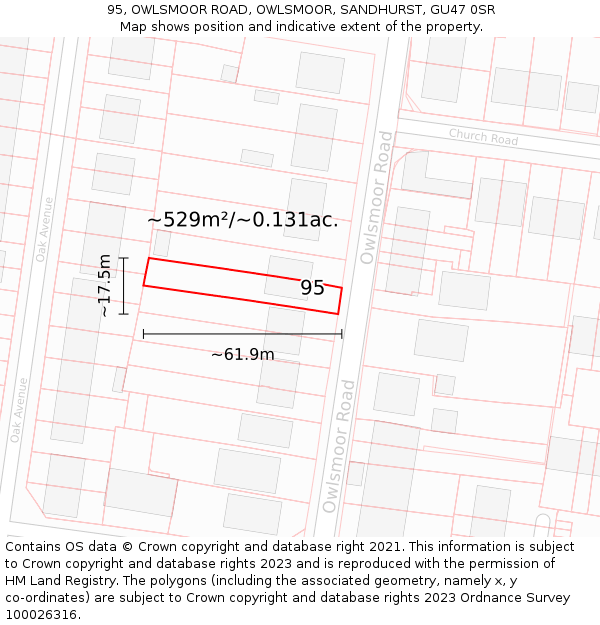 95, OWLSMOOR ROAD, OWLSMOOR, SANDHURST, GU47 0SR: Plot and title map