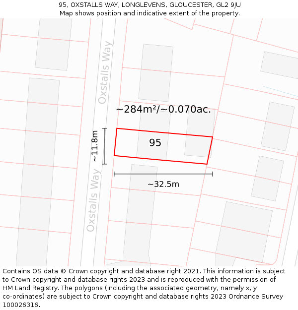95, OXSTALLS WAY, LONGLEVENS, GLOUCESTER, GL2 9JU: Plot and title map