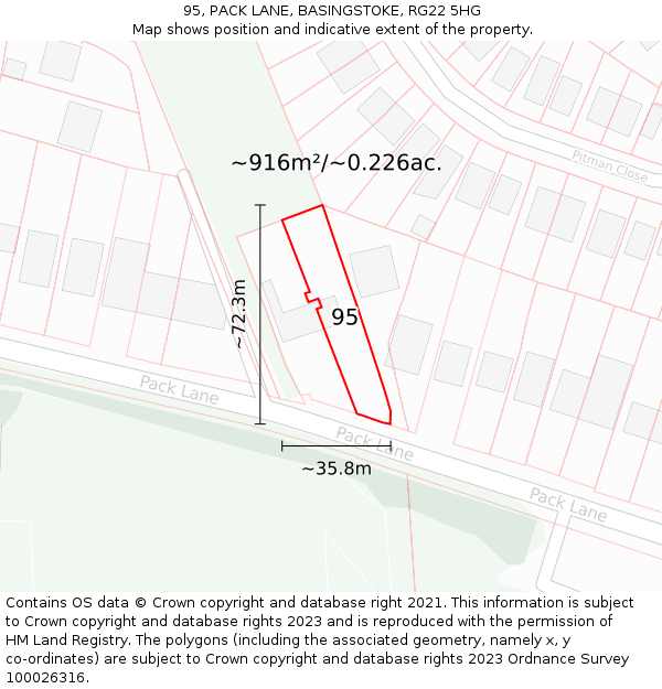 95, PACK LANE, BASINGSTOKE, RG22 5HG: Plot and title map