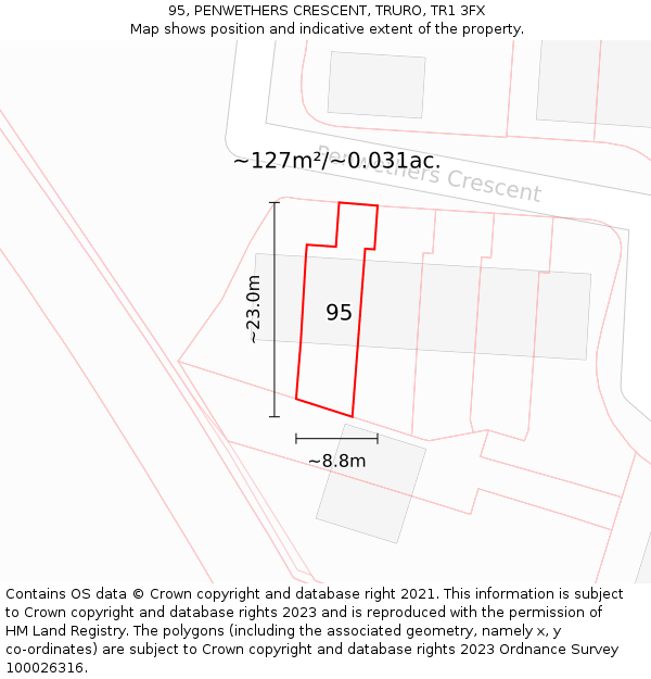 95, PENWETHERS CRESCENT, TRURO, TR1 3FX: Plot and title map