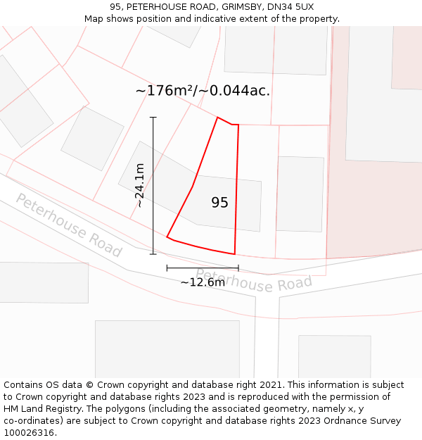 95, PETERHOUSE ROAD, GRIMSBY, DN34 5UX: Plot and title map