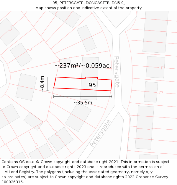 95, PETERSGATE, DONCASTER, DN5 9JJ: Plot and title map
