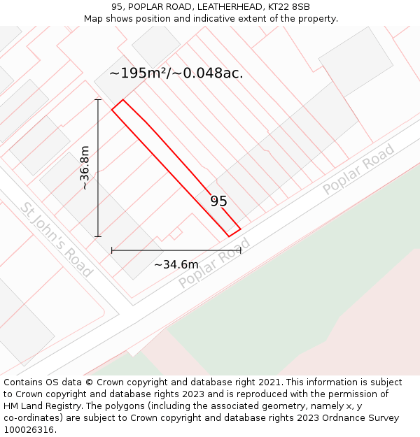 95, POPLAR ROAD, LEATHERHEAD, KT22 8SB: Plot and title map