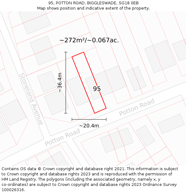 95, POTTON ROAD, BIGGLESWADE, SG18 0EB: Plot and title map