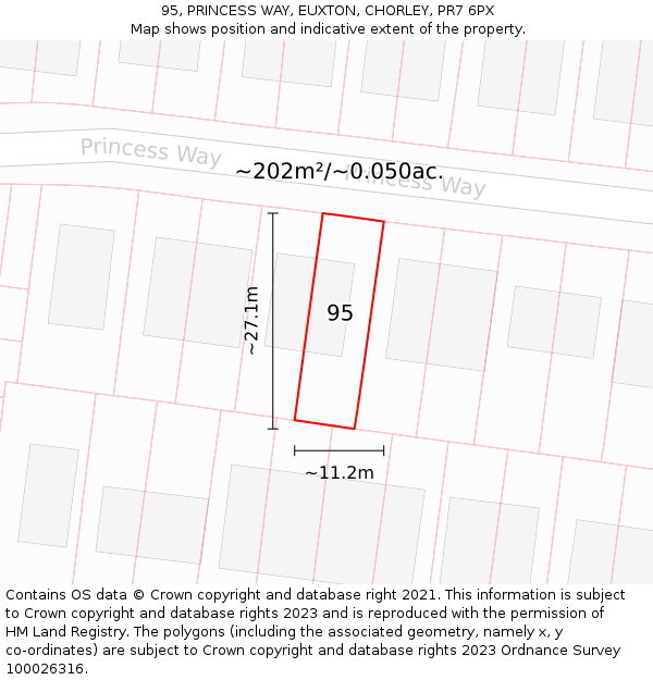 95, PRINCESS WAY, EUXTON, CHORLEY, PR7 6PX: Plot and title map