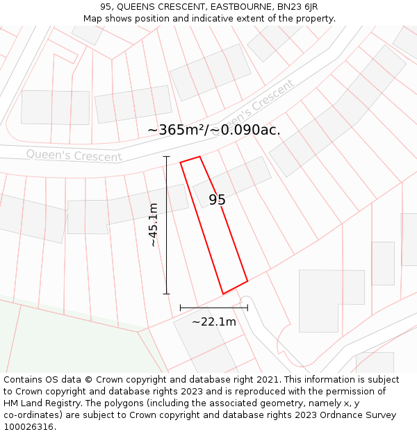 95, QUEENS CRESCENT, EASTBOURNE, BN23 6JR: Plot and title map