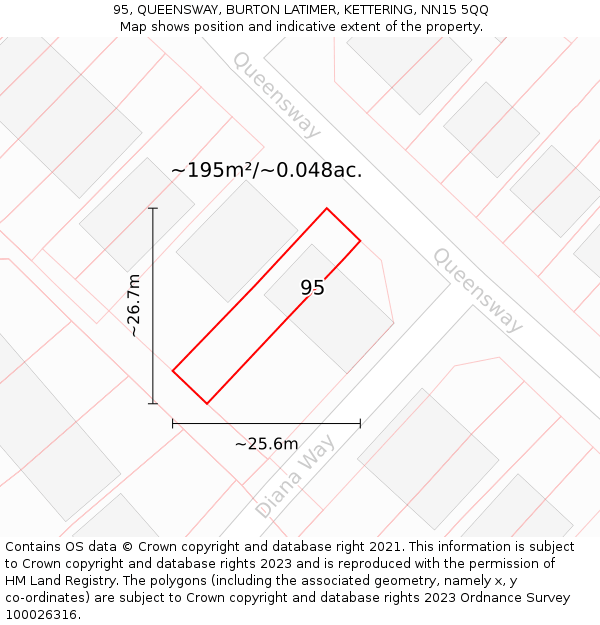 95, QUEENSWAY, BURTON LATIMER, KETTERING, NN15 5QQ: Plot and title map