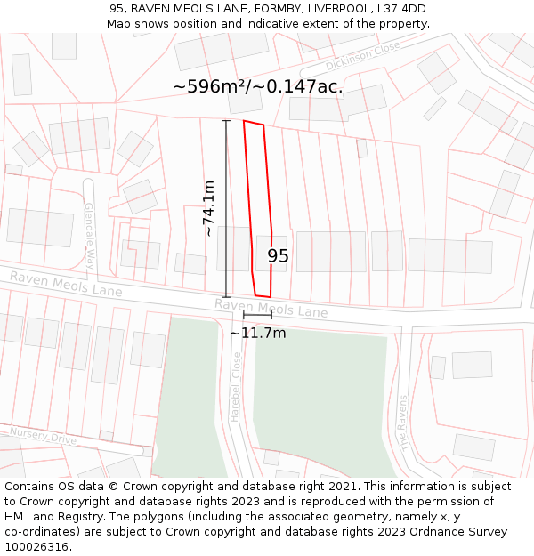 95, RAVEN MEOLS LANE, FORMBY, LIVERPOOL, L37 4DD: Plot and title map