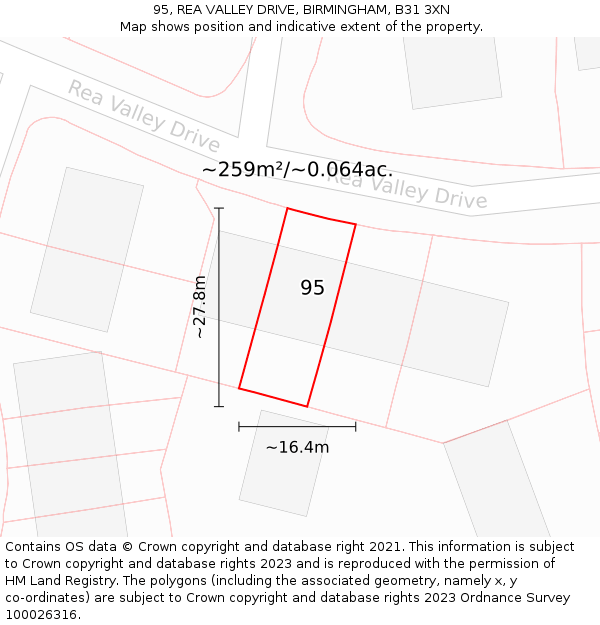 95, REA VALLEY DRIVE, BIRMINGHAM, B31 3XN: Plot and title map