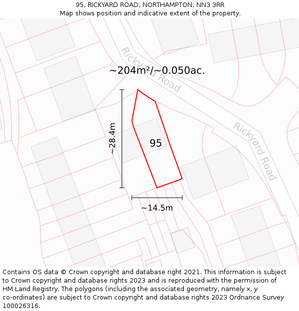 95, RICKYARD ROAD, NORTHAMPTON, NN3 3RR: Plot and title map